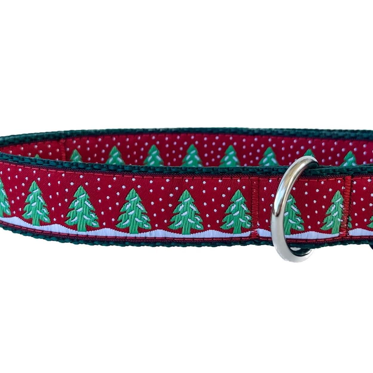 Holiday Snowy Trees Dog Collar on Dark Red