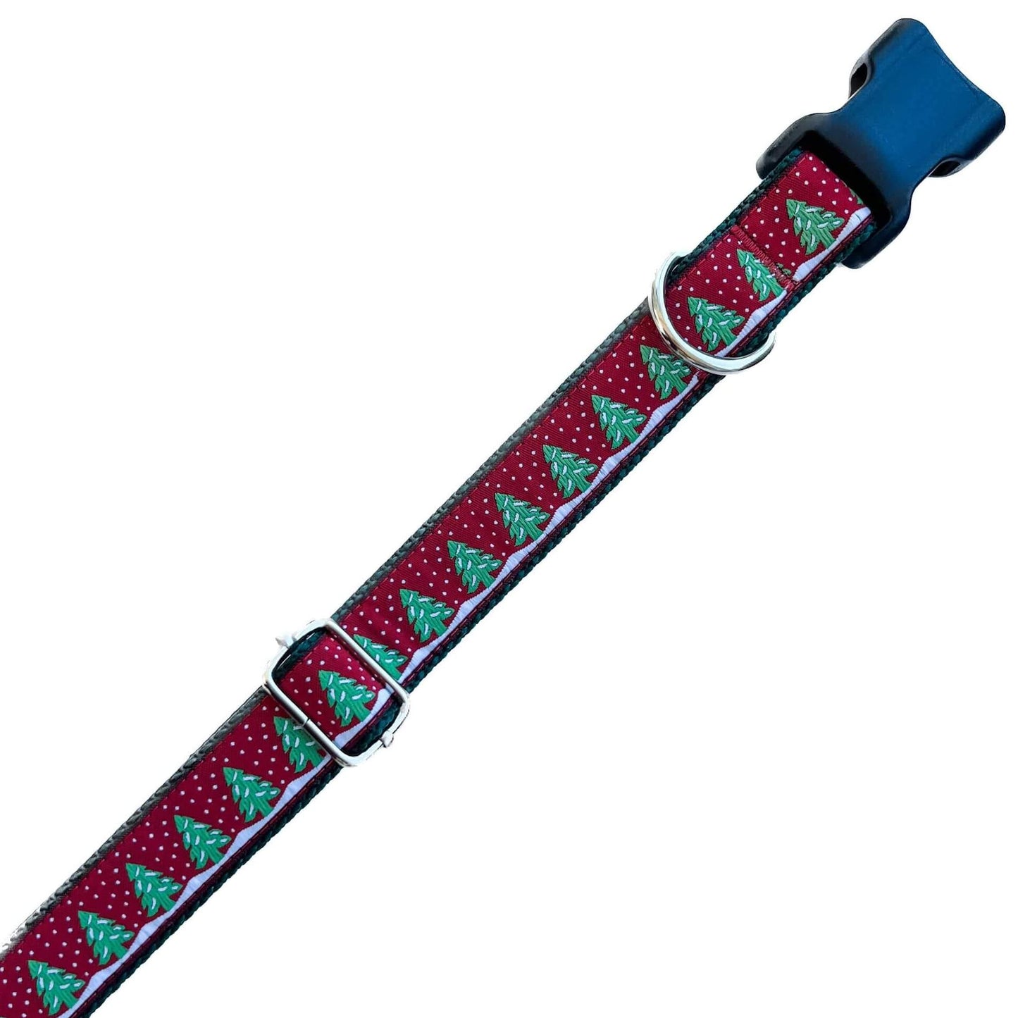 Holiday Snowy Trees Dog Collar on Dark Red