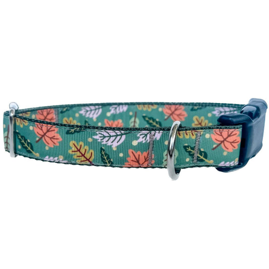 Fall Leaves on Green Dog Collar