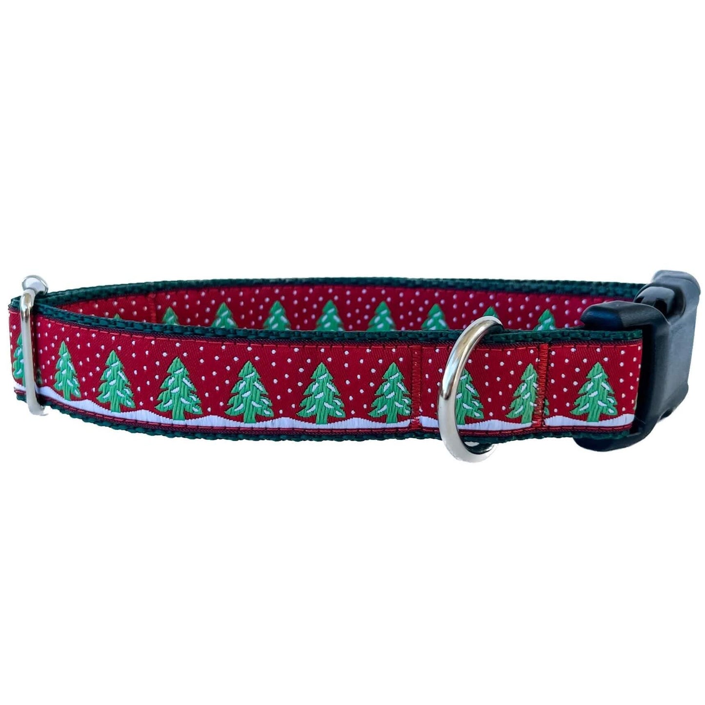 Holiday Snowy Trees Dog Collar on Dark Red