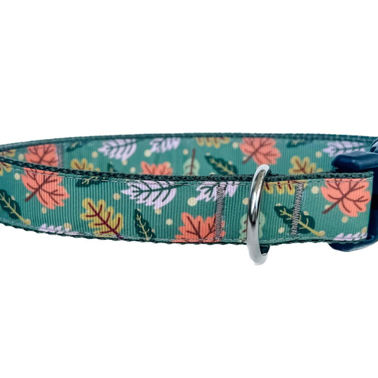 Fall Leaves on Green Dog Collar