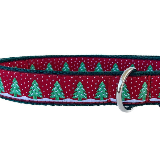 Holiday Snowy Trees Dog Collar on Dark Red