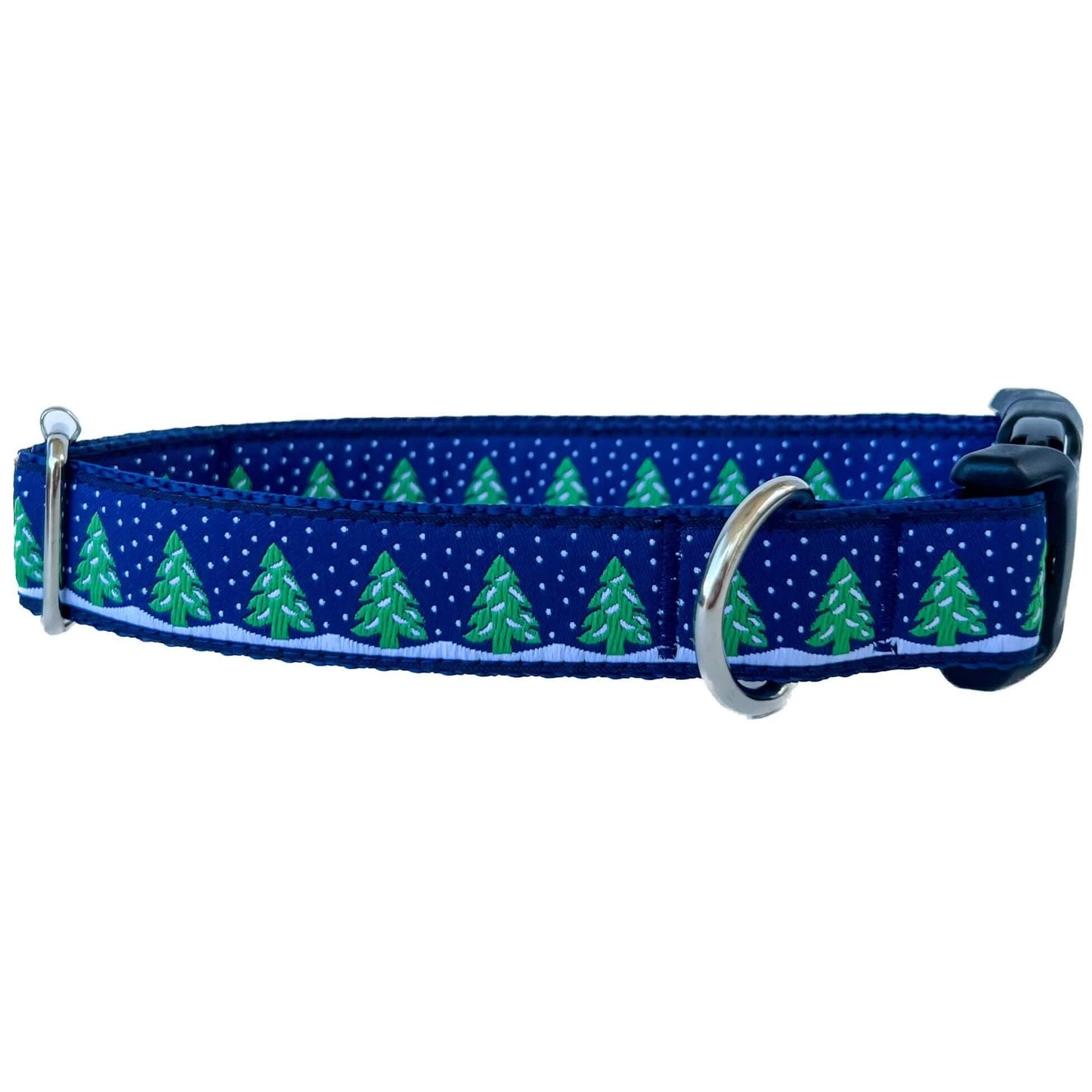 Holiday Snowy Trees Dog Collar on Navy
