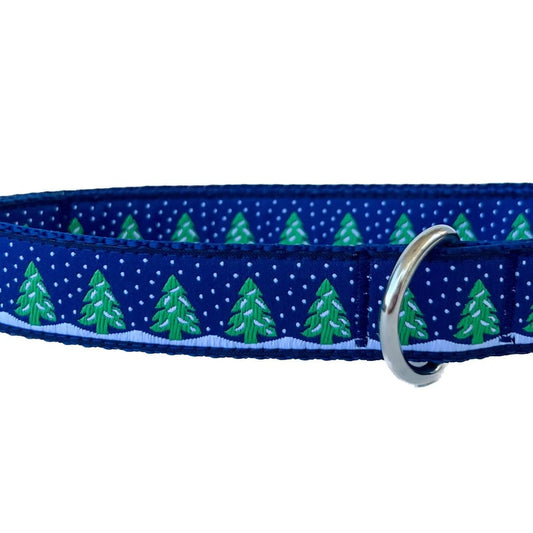 Holiday Snowy Trees Dog Collar on Navy
