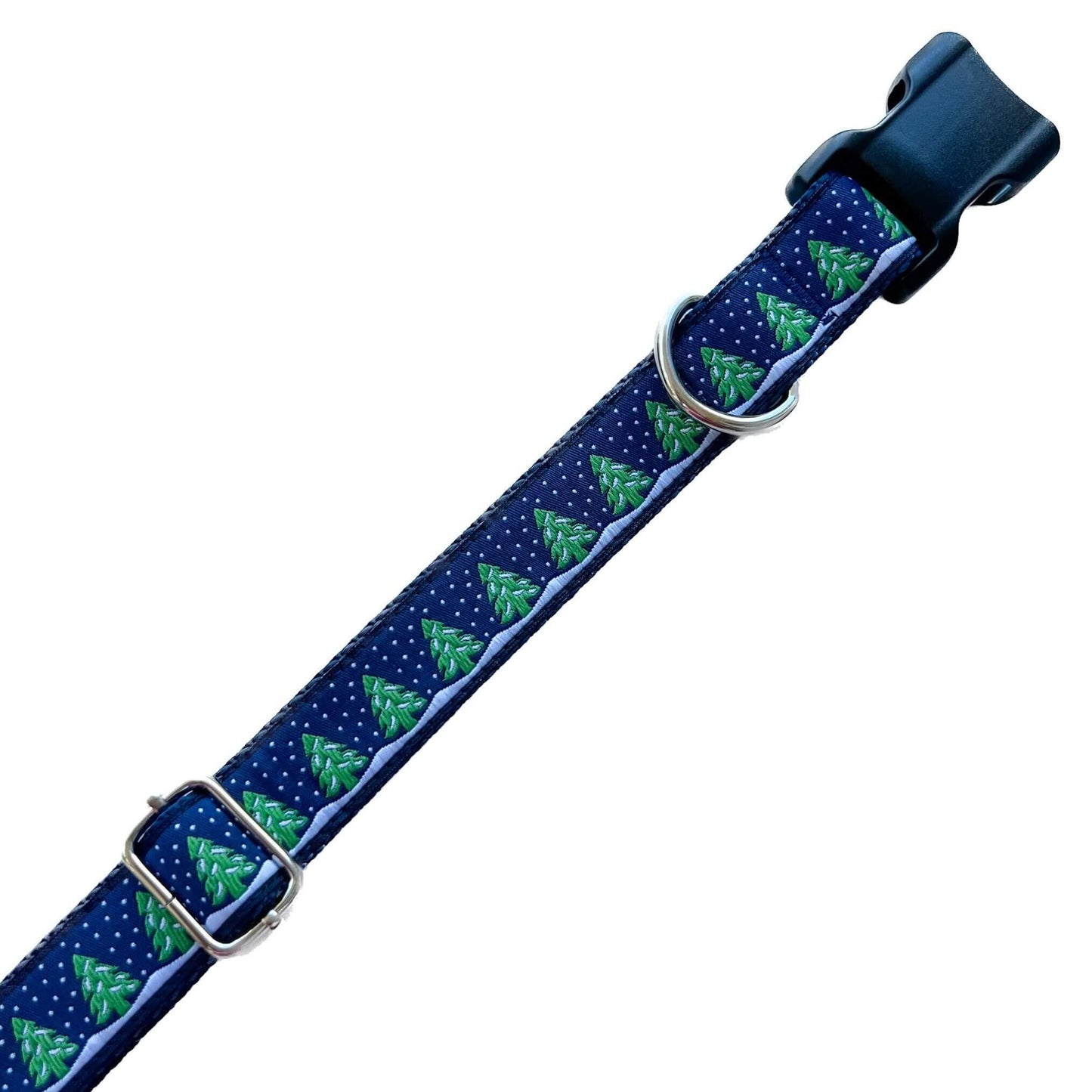 Holiday Snowy Trees Dog Collar on Navy